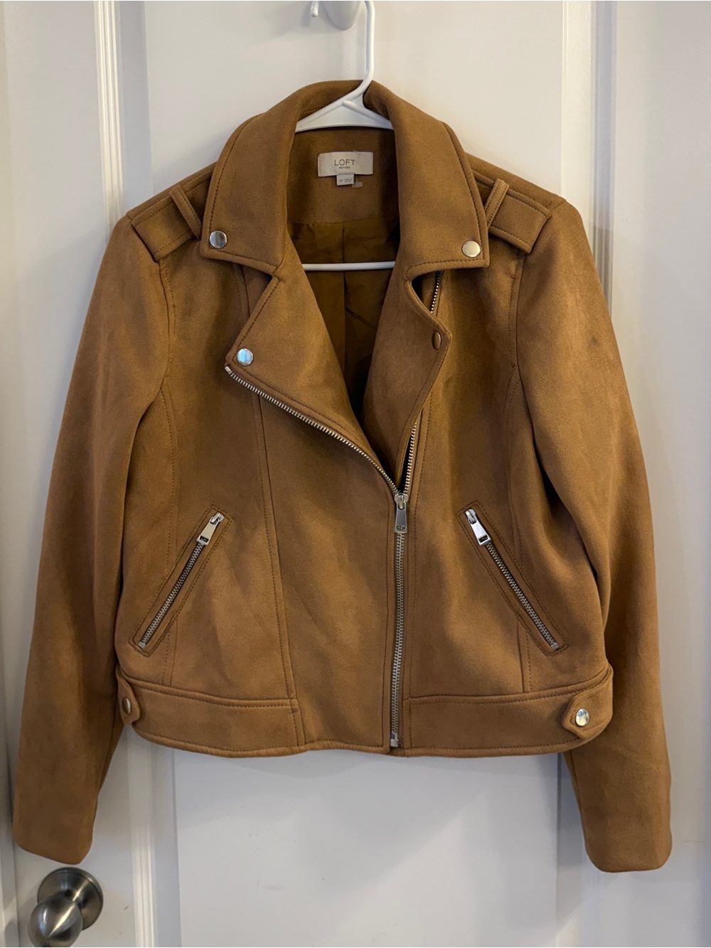 Loft Faux Suede Moto Jacket Women’s Small Petite SP Brown Caramel Biker Full Zip